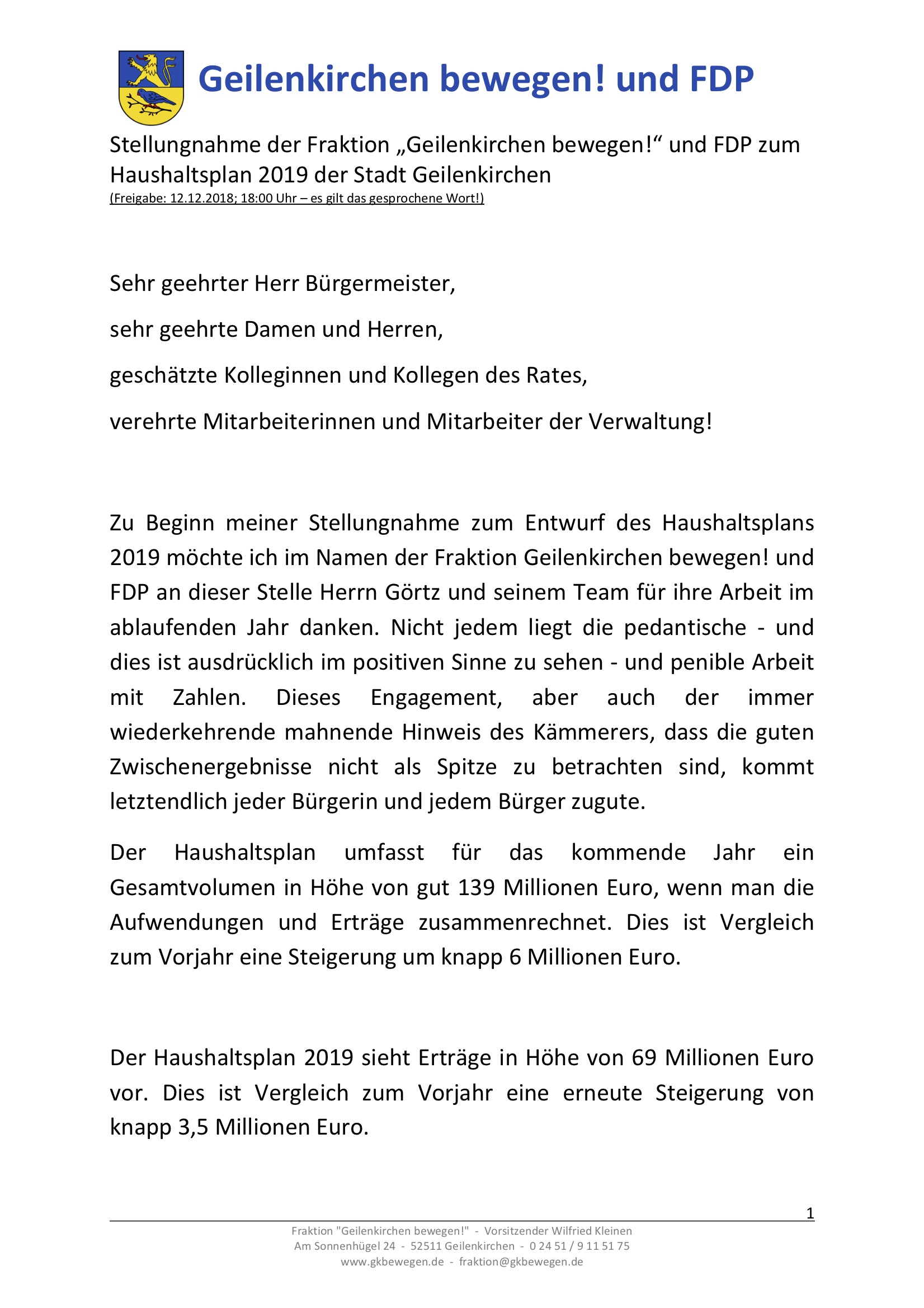 Stellungnahme zum Haushalt 2019